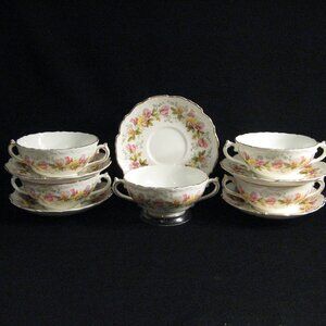 COALPORT MARILYN BONE CHINA FOOTED CREAM SOUPS & SAUCERS - 5 SETS - ENGLAND